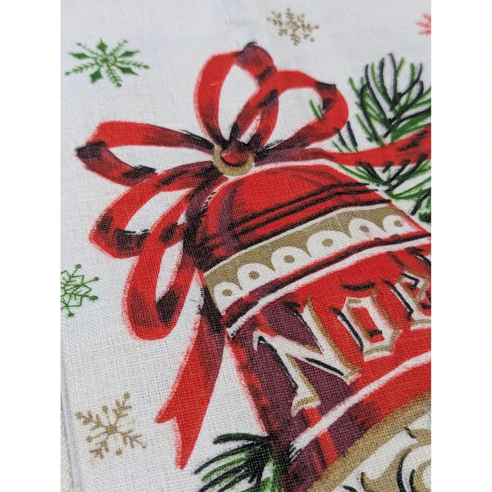 Vintage Pure Linen Christmas Tea Towel Red Bells Holiday Kitchen Decor